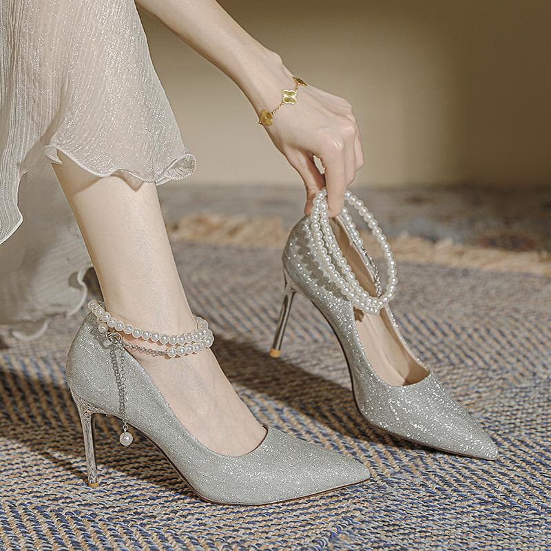 Silver high heels women's stiletto 2024 new bridesmaid 18 year old wedding dress sparkling crystal bride wedding shoes