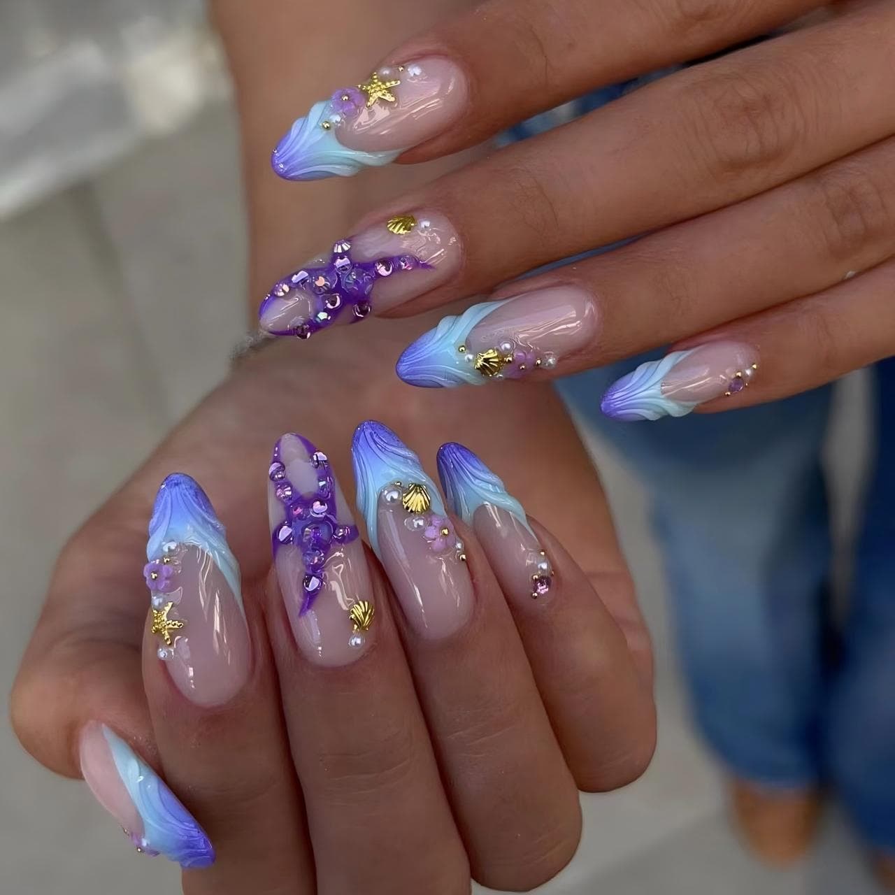 New Blue-Purple Gradient French Wave Press-On Nails Starfish Shell Pearl European and American Ins Style Detachable False Nails