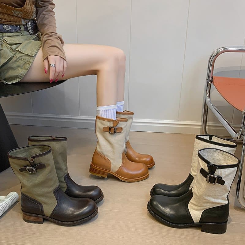 Cowboy boots low new round toe western retro belt buckle niche 2026 four seasons mid-calf boots fashion boots versatile heel