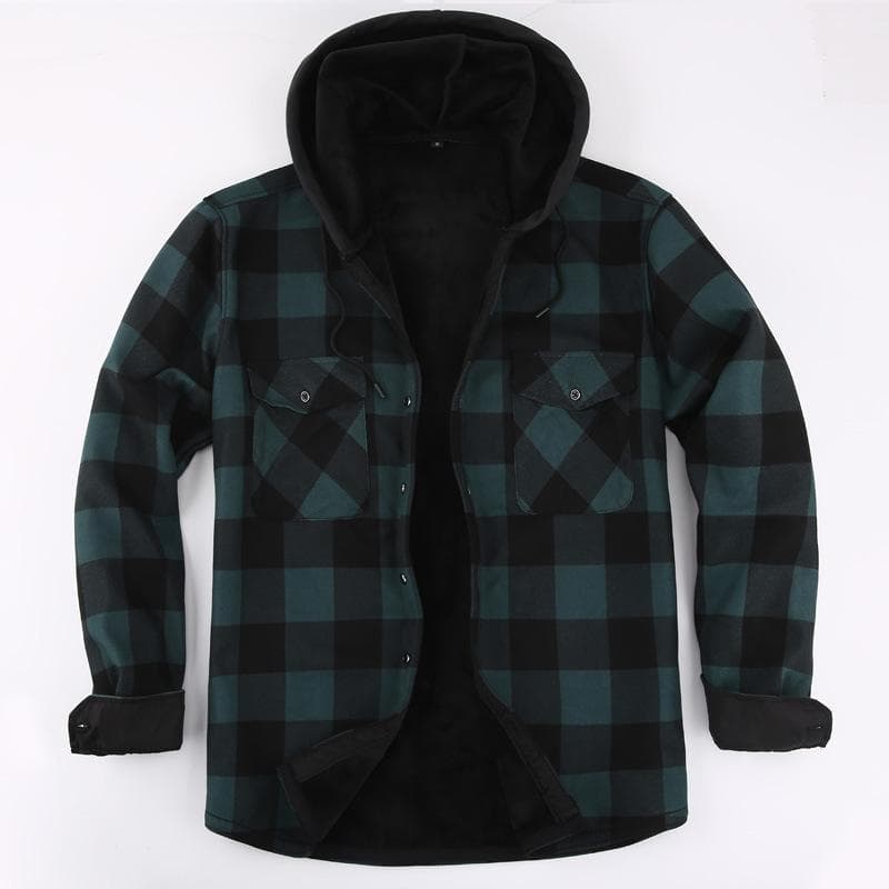 Hooded New Export Style Men's Plus Size Warm Flannel Shirt, Autumn/Winter Fleece Lined Thick Top Long Sleeve Outerwear Warm Shirt