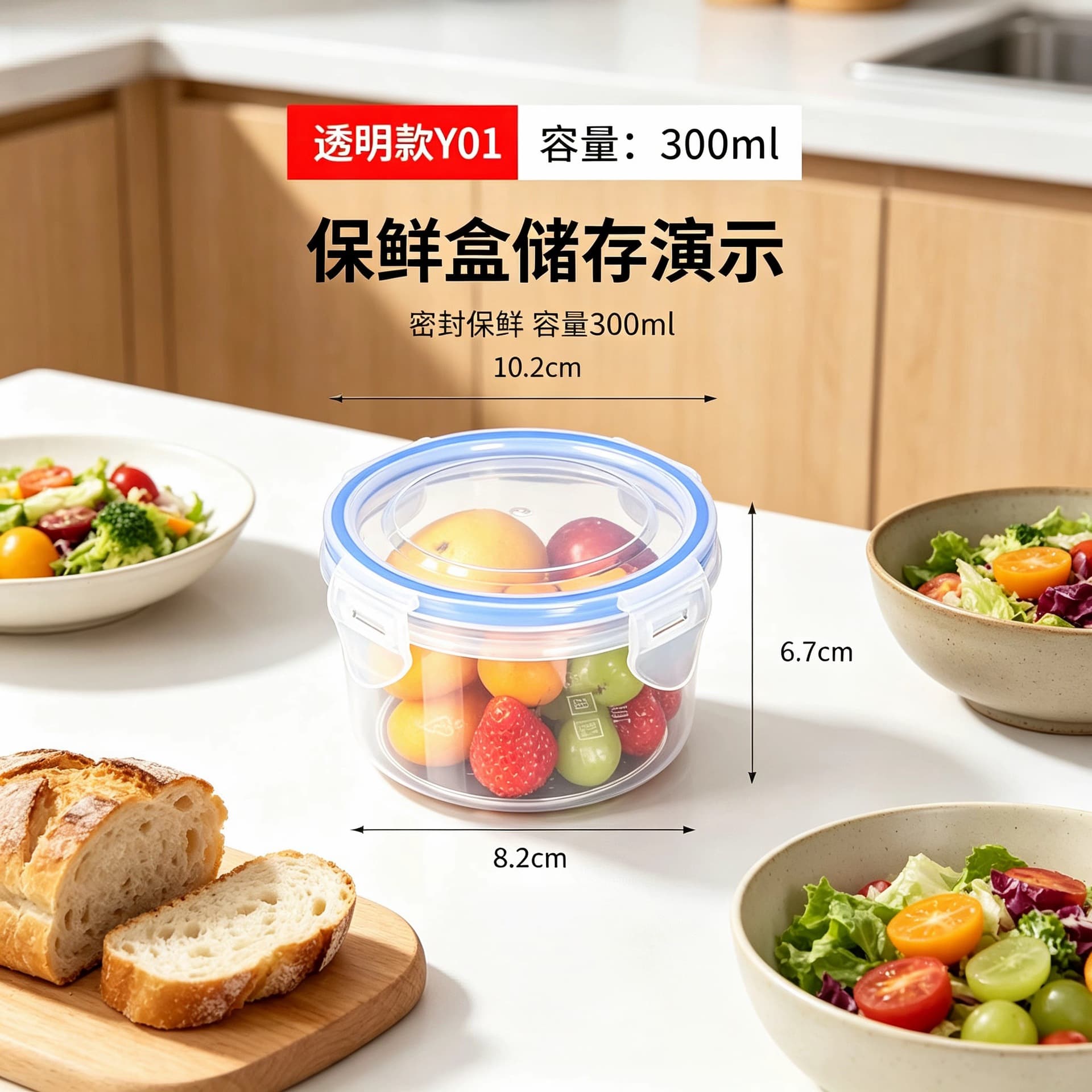 Round 300ml storage box, food-grade plastic lunch box, fruit silicone seal box, heatable and refrigerated