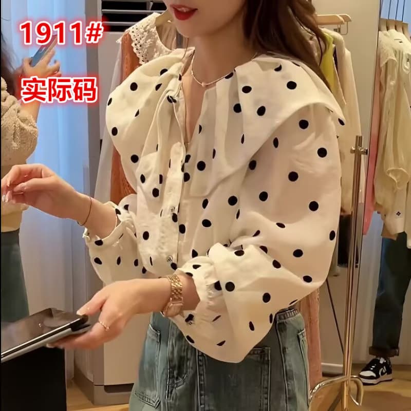 Women's Doll Collar Long Sleeve Shirt 2025 Spring New Korean Sweet Style Contrast Polka Dot Single-Breasted Casual Blouse