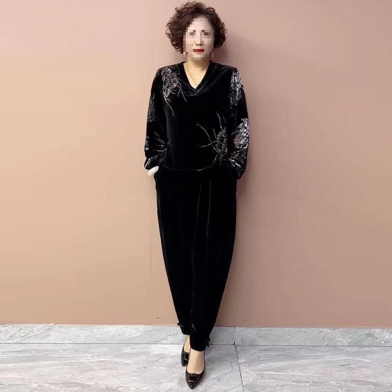 Plus-size mom set, new style, loose-fitting top, slim-fitting two-piece set
