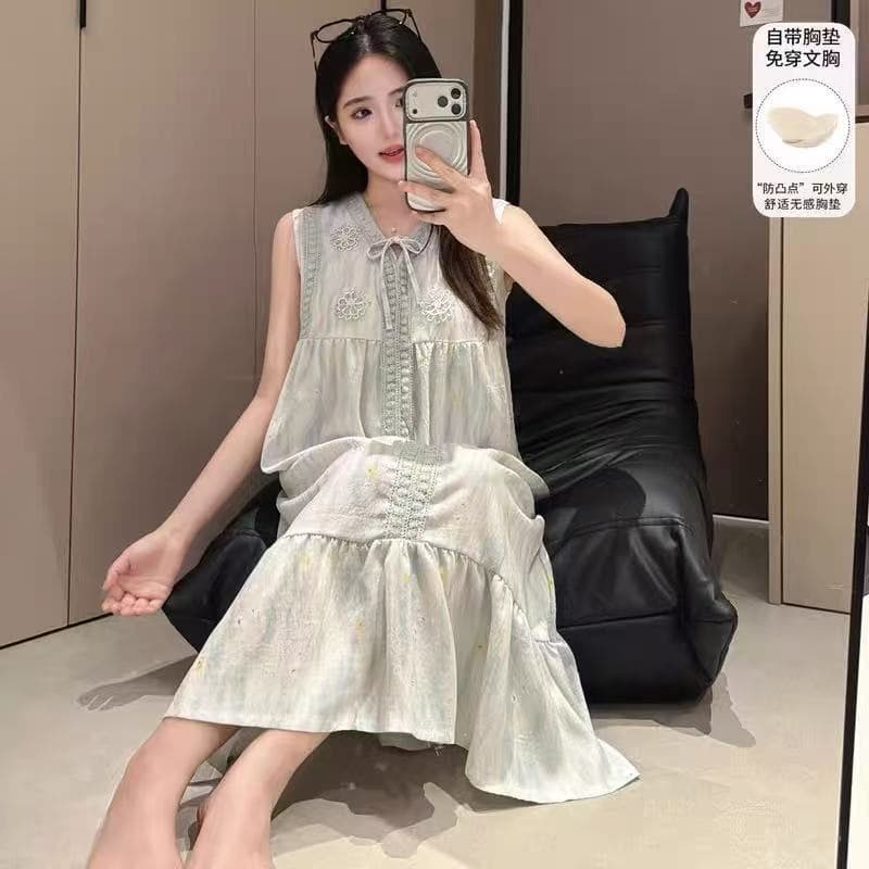 New Chinese Style National Trend Nightgown for Women, Summer Cloud Cotton Thin Short Sleeve Long Dress with Built-in Bra, Sweet Homewear