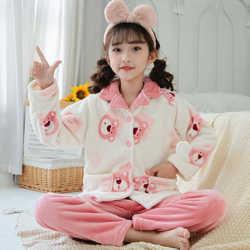 Children's pajamas, winter coral velvet girls' autumn and winter flannel, medium and large children's boys' plus velvet thickened home clothes set