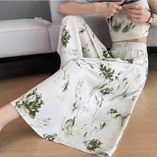 Sculpted Waist Ice Silk Skirt Pants Women's Summer Thin Ink Wash National Style Print Tie-Dye Pants Plus Size Wide Leg Capri Pants