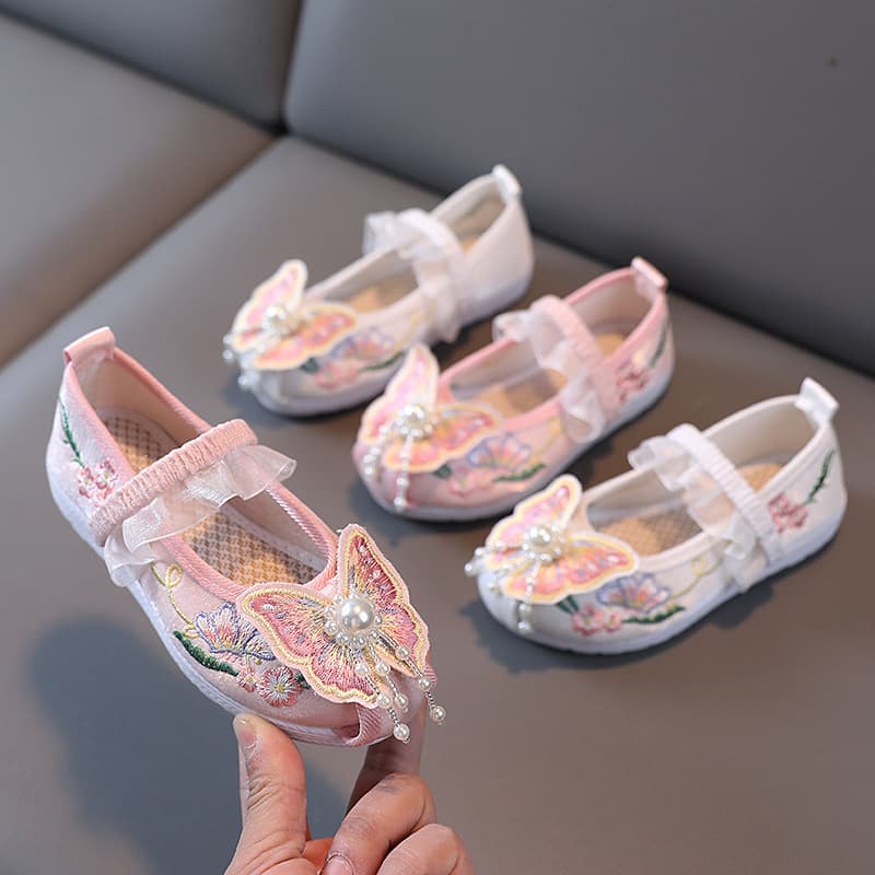 Hanfu Embroidered Shoes for Girls, Ethnic Style Performance Shoes, Children's Handmade Cloth Shoes, Ancient Style Han Shoes for Costume Performance