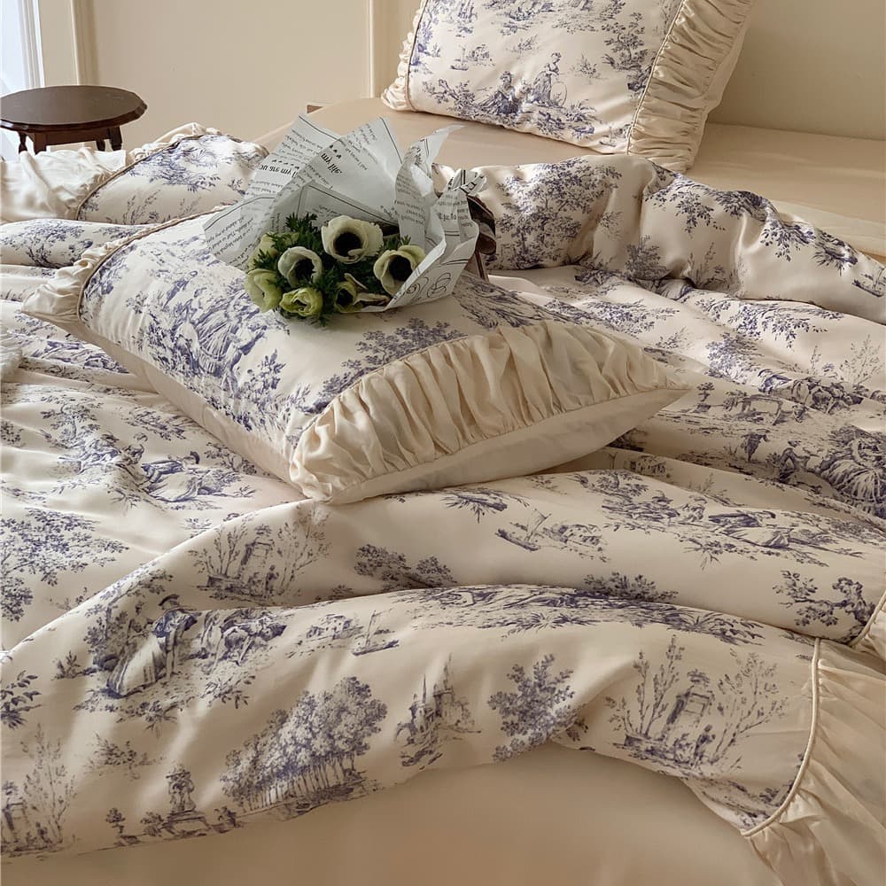 2022 New French Tencel Retro Ink Painting Four-Piece Summer Black and White Printed Lace Quilt Cover Bed Sheets