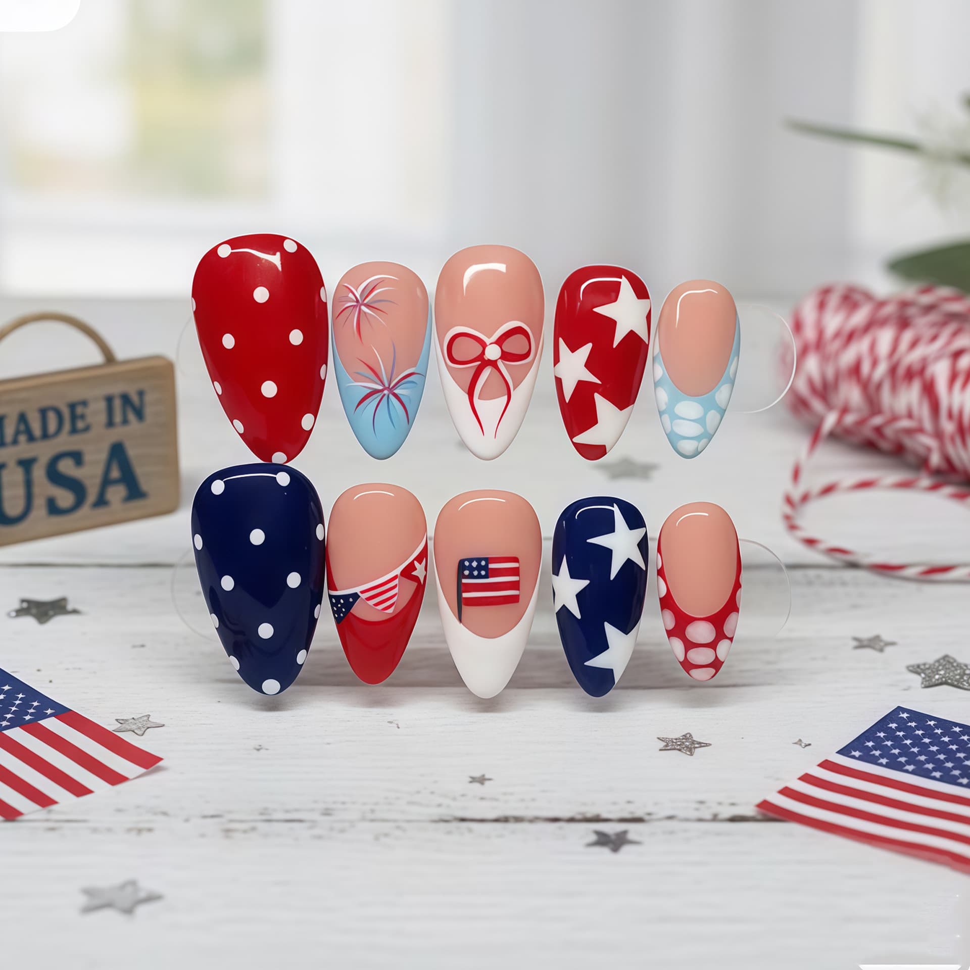 Cross-border Independence Day Style Press-On Nails White Polka Dot Turtle Shell Pattern Blue White Red Fireworks Stars Flag Nails 24 Pieces