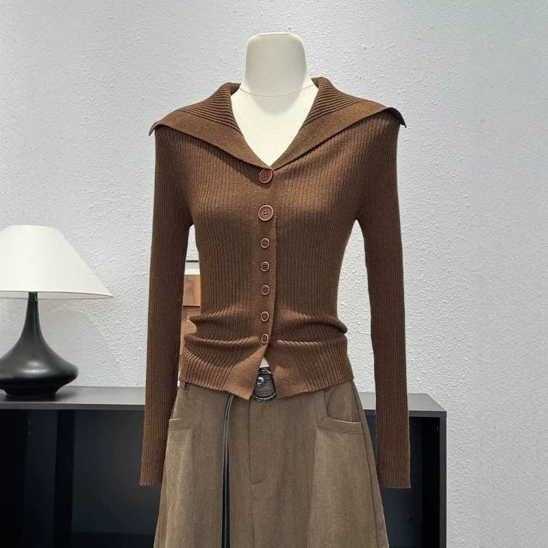 Retro Lapel Collar Button Knit Cardigan Women Fall Winter New Fashion Elegant Slimming Versatile Outerwear Lazy Style Top