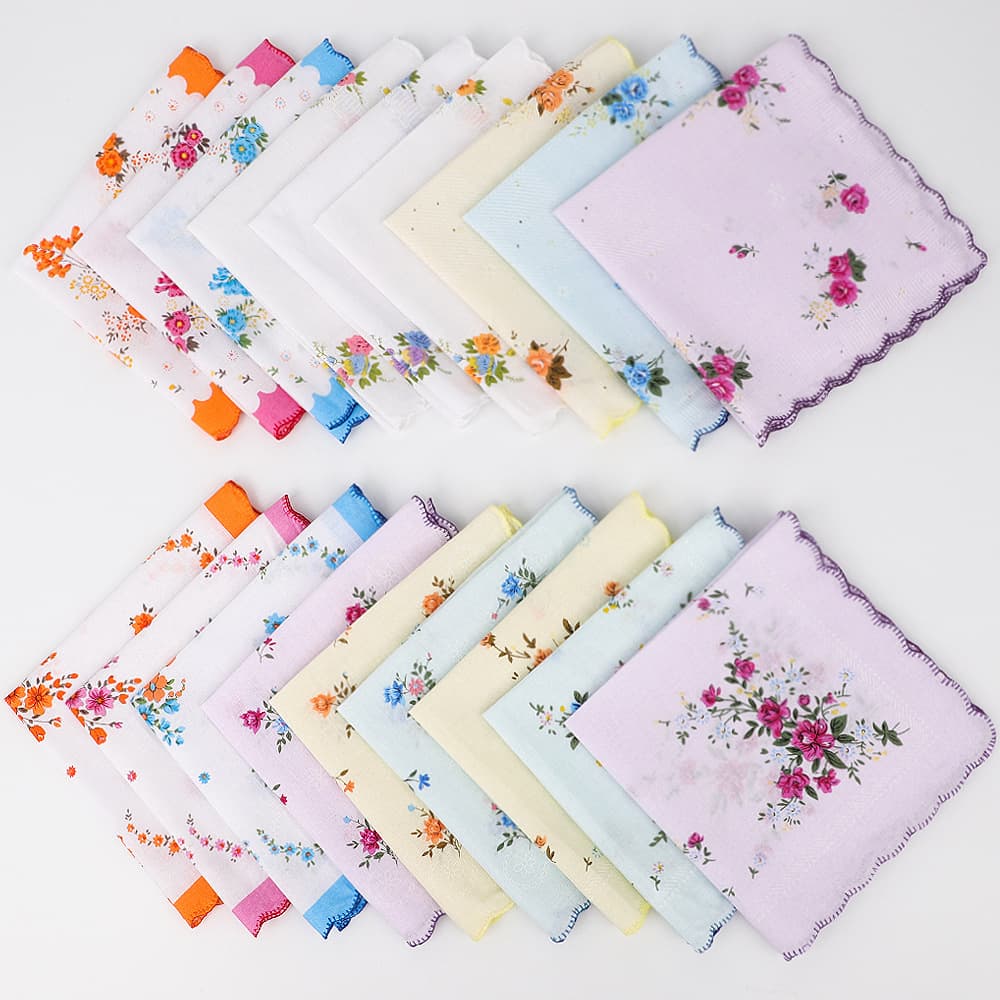 Cross-border 30cm small floral print pure cotton ladies' handkerchiefs, small square towels with scalloped edges, retro vintage old-fashioned style.