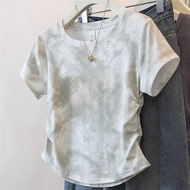 Slim Fit Cropped Pure Cotton Top Trendy Ins American Niche Design Shoulder-Padded Waist-Cinching Ruched Short Sleeve T-Shirt for Women Summer