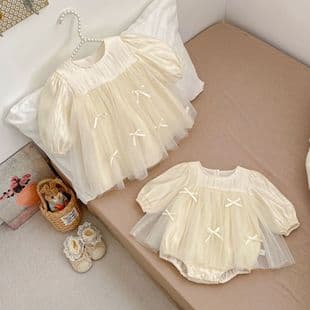 2026 New Girls Long-Sleeve Dress Spring Baby Bow Princess Tulle Dress Sweet Sisters Outfit