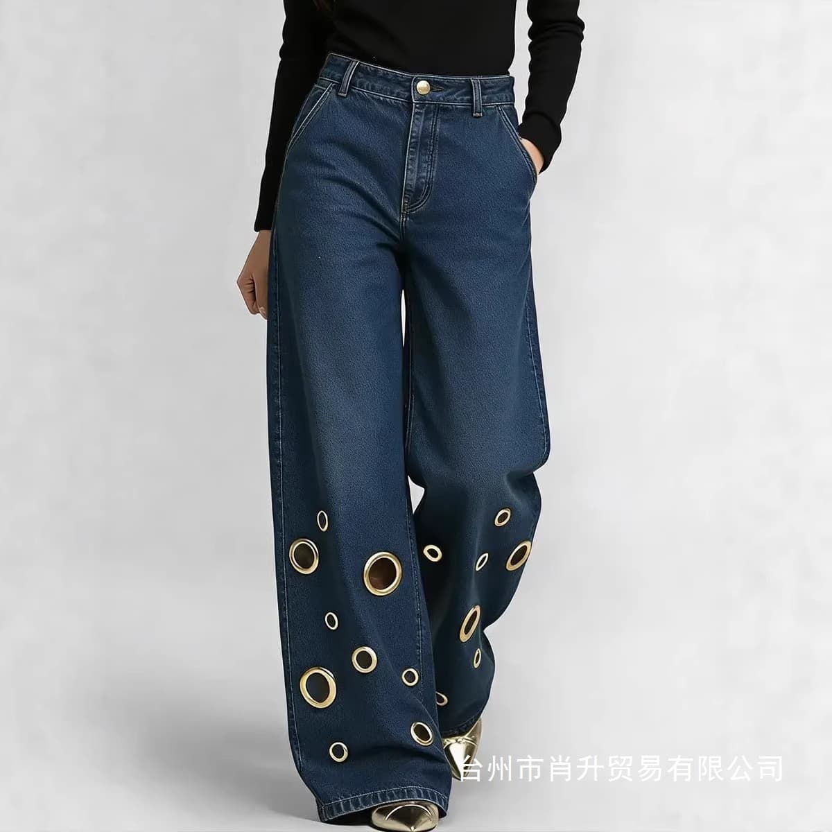 European and American Women's Street Style New High-Waist Loose Long Pants Women's Hollow Metal Eyelet Design Hollow Denim Jeans Wholesale