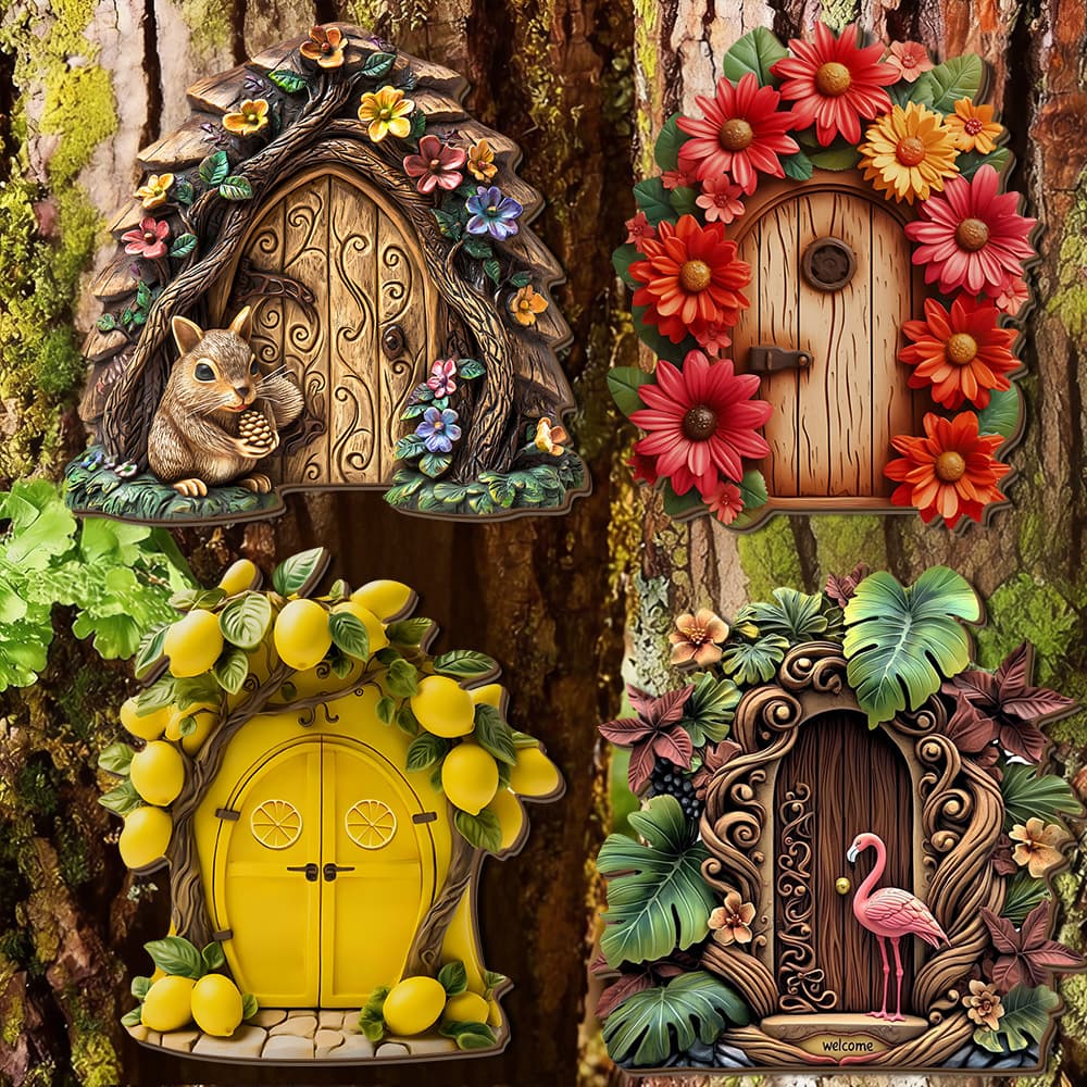 Cross-border Forest Fairy Tale Wooden Door Hanging Sign, Healing Squirrel Floral Wooden Tree Trunk Miniature Ornament