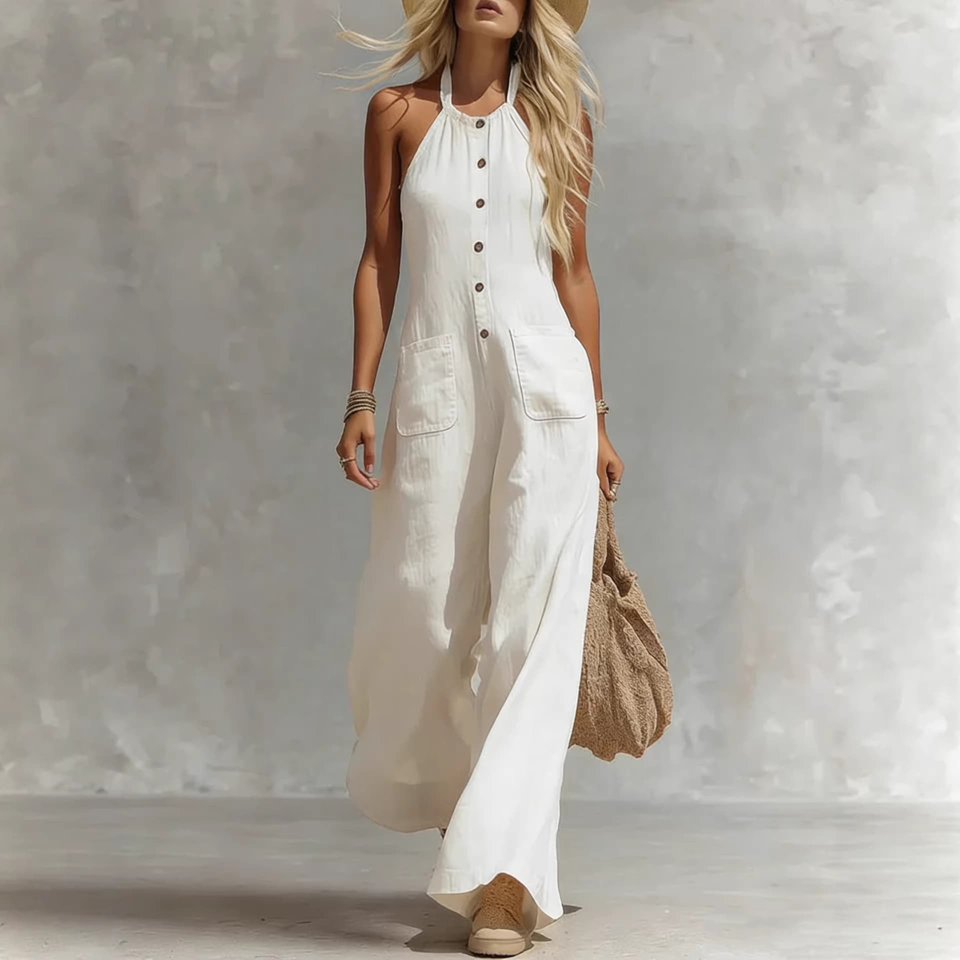2026 Amazon Independent Station Europe America Western Style V-Neck Front Button Sleeveless Linen Jumpsuit