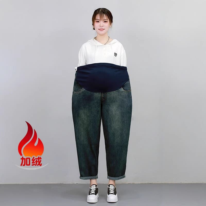 Maternity Jeans with Fleece Lining Winter Outwear Plus Size Loose Fit Over Belly Harem Dad Jeans Winter Style