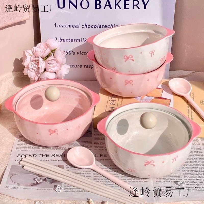 Super Fairy New Style Instant Noodle Bowl with Bowknot, High Aesthetic Ceramic Noodle Bowl, High Temperature Resistant, High-End with Lid, Girly Snail Noodle Bowl