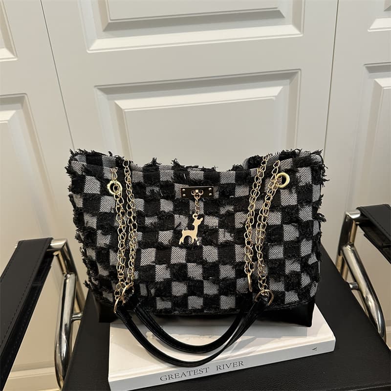 Cross-border wholesale fashion contrast star grid trendy denim tote bag large capacity casual popular shoulder bag