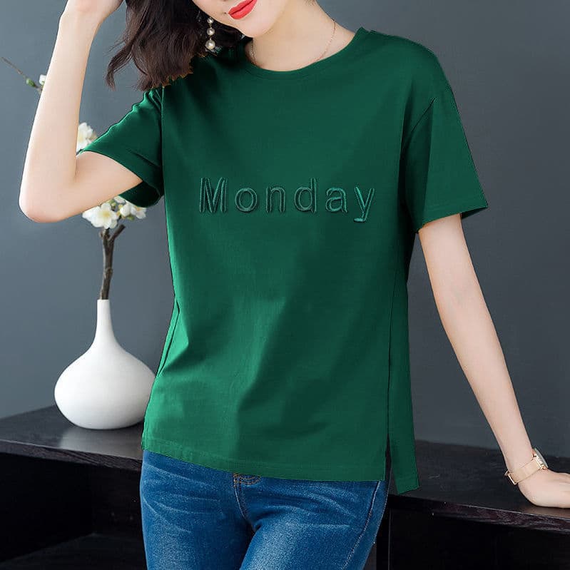 Loose Short Sleeve T-Shirt Women Summer Plus Size Mom Slimming Embroidered Comfortable Casual Korean Style Round Neck Top