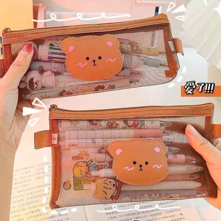 South Korea Transparent Mesh Cute Bear Large Capacity High-Fashion Love Fresh Junior Student Stationery Box Pencil Case Girl