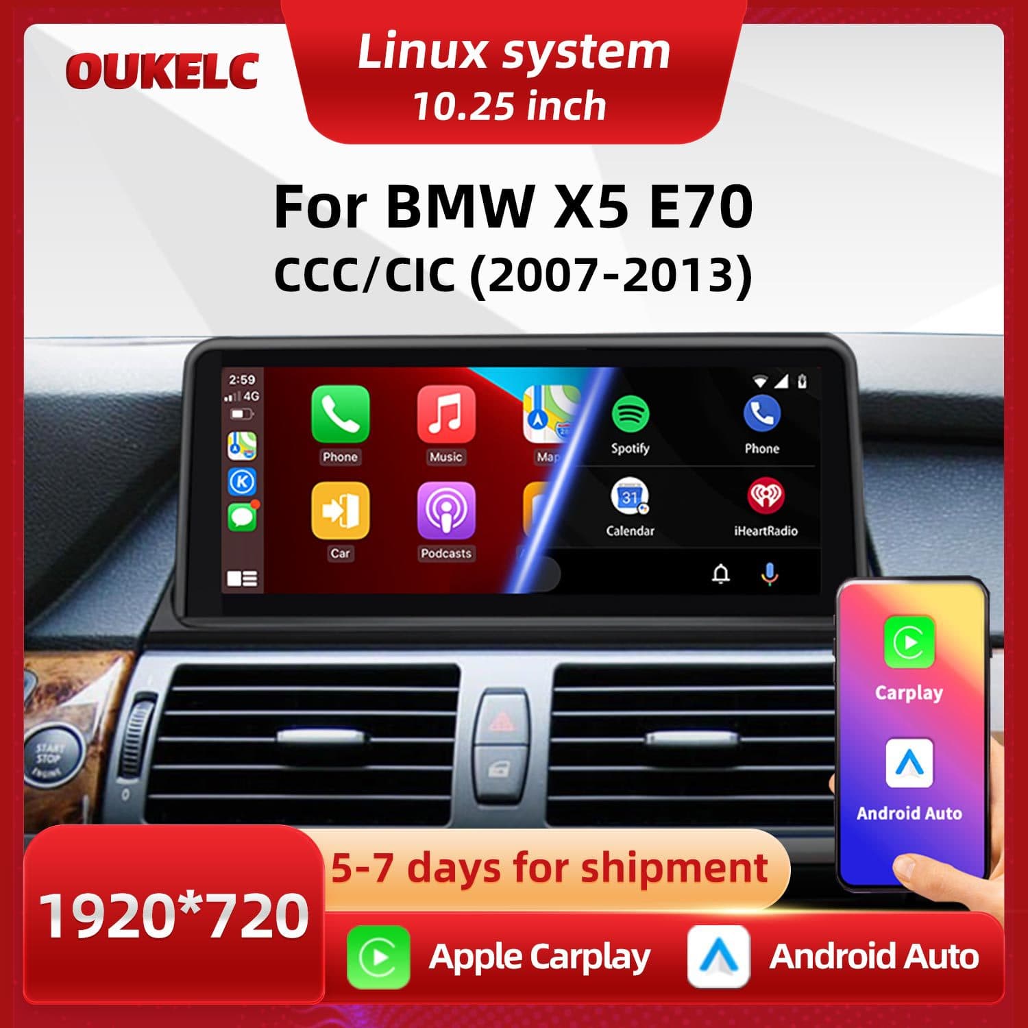 10.25-inch Car Central Control Large Screen Navigation with Carplay and Reverse Camera for BMW X5 E70