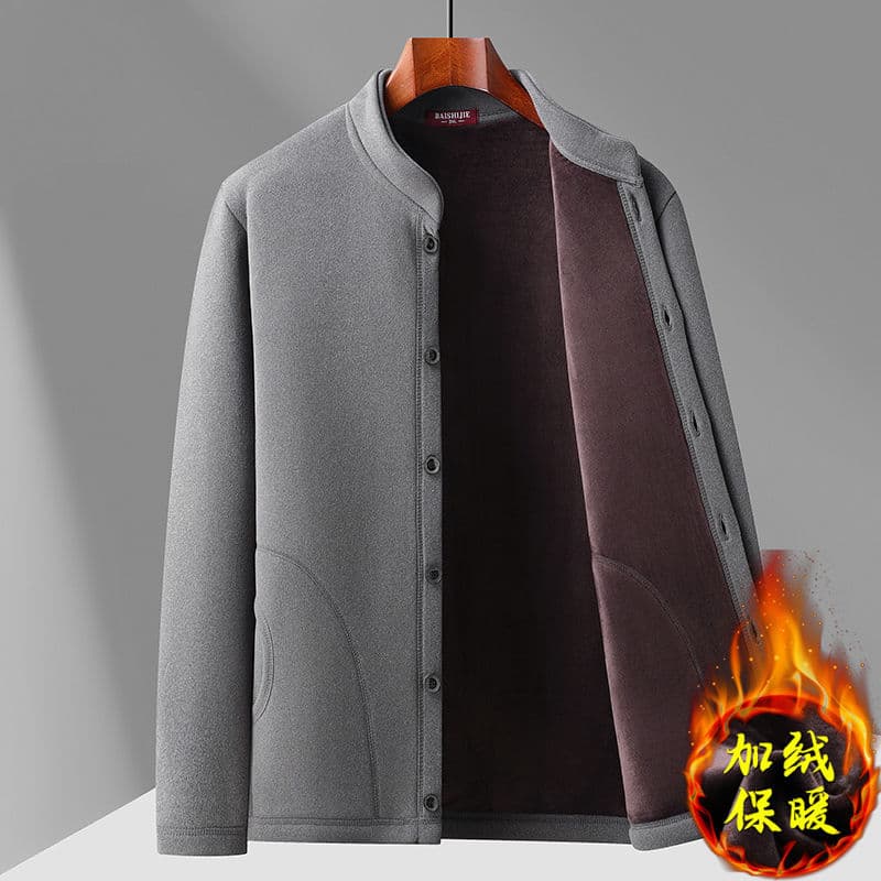 Middle-aged and elderly men's cardigan jacket, father's style, fleece-lined loose inner layer, warm outer layer for seniors.