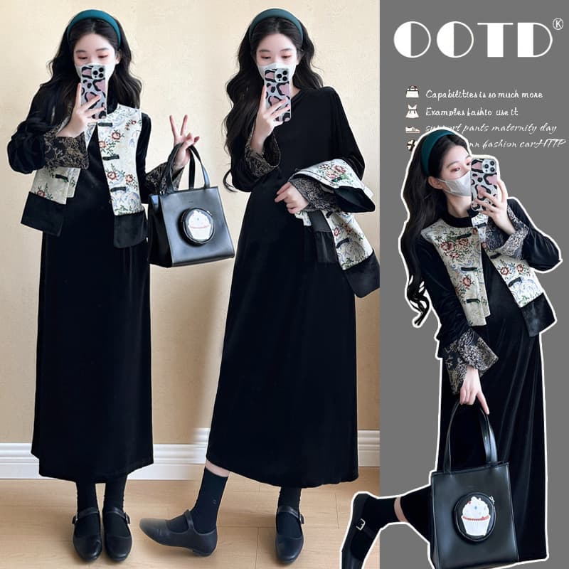 In-stock real photo ~ 2024 Autumn Maternity High-end New Chinese Style Button Vest + Velvet Dress
