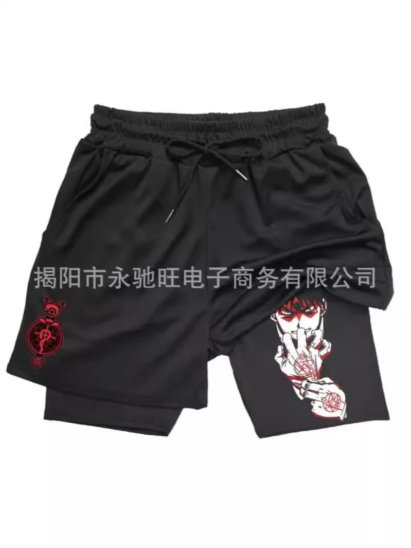 Double-layer Beach Shorts Anime Fullmetal Alchemist Adult Sports Fitness Loose Casual Pants