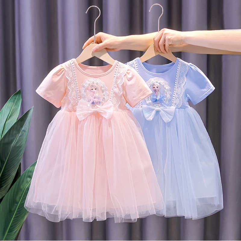 Girls Summer Cotton Short Sleeve Tulle Dress Elsa Princess Birthday Performance Gown New