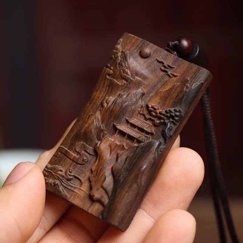 Natural agarwood carved landscape scene necklace pendant peace plaque hand-held item collectible craft unisex artwork