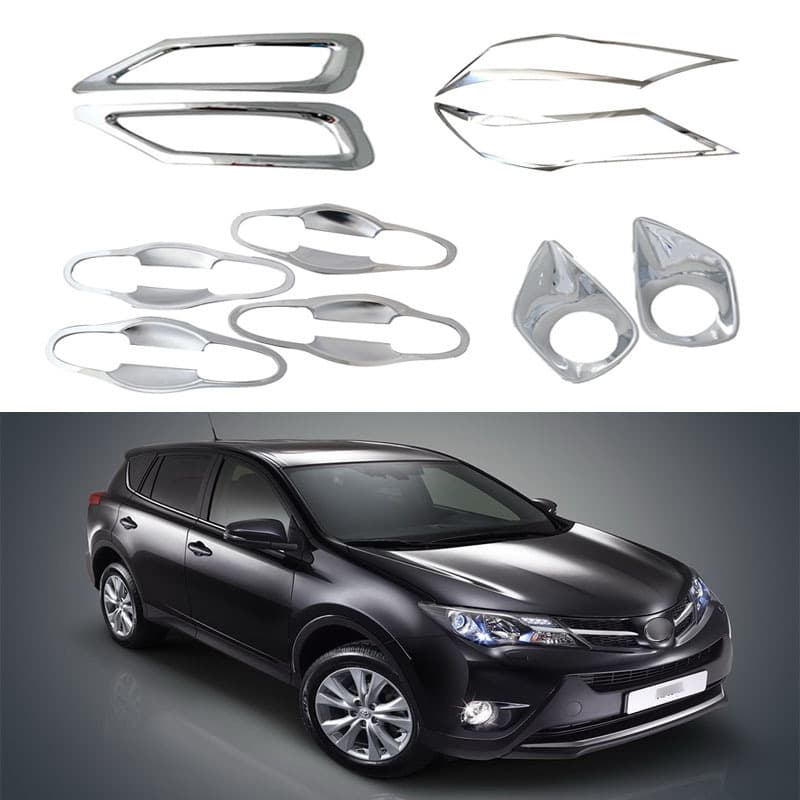 Exterior trim accessories for 2012-2015 Toyota RAV4, including door handle bowls, rear trim strips, and fog light covers