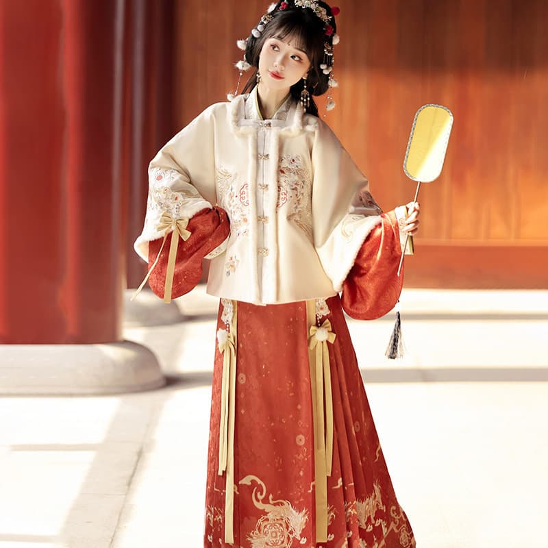 Original Dragon Year Spring Hanfu Women's Chinese Style Improved Han Element Jacket Cross-collar Top and Horse-face Skirt Set 8881