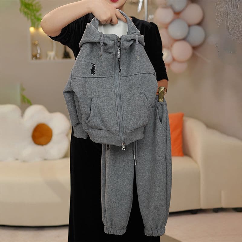 Internet celebrity girls Korean solid color suit for older children in autumn and winter new style hooded cardigan jacket trousers two-piece set