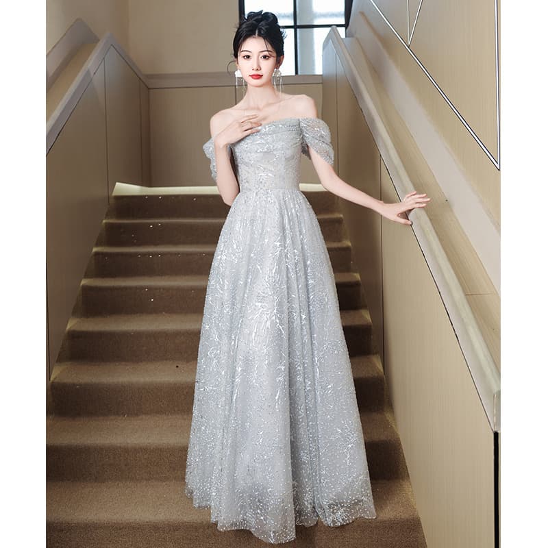 Silver Gray One-Shoulder Evening Gown Women 2026 New Light Luxury Unique Student Graduation Host Adult Ceremony Dress