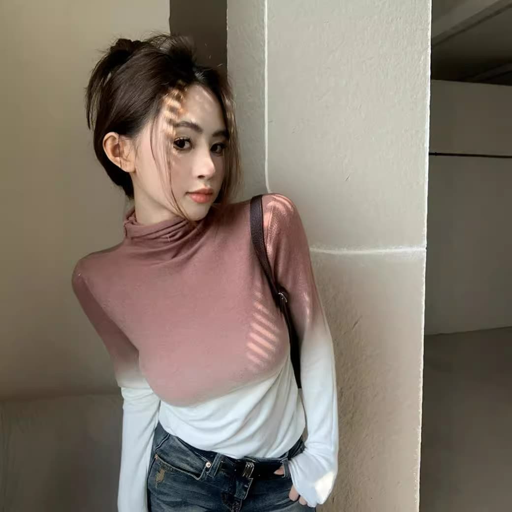 Gradient color bottoming shirt for women spring and autumn high collar T-shirt 2024 new style unique and chic super good-looking long-sleeved top