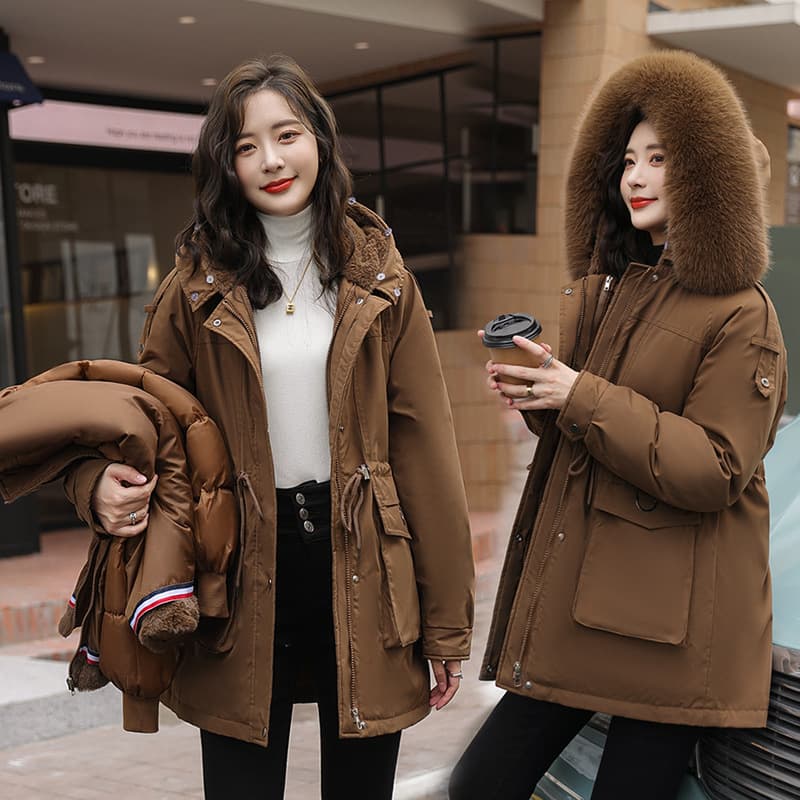 New Women's Detachable Lining Fleece-Lined Thick Parka Cotton Coat Mid-Length Large Fur Collar Waist-Tied Cotton Padded Jacket