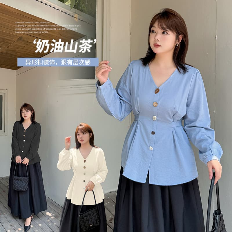Plus Size Women's Long-Sleeved Shirt, Autumn 2025 New French Style Pretty Blouse V-Neck Slim Waist Top 313118
