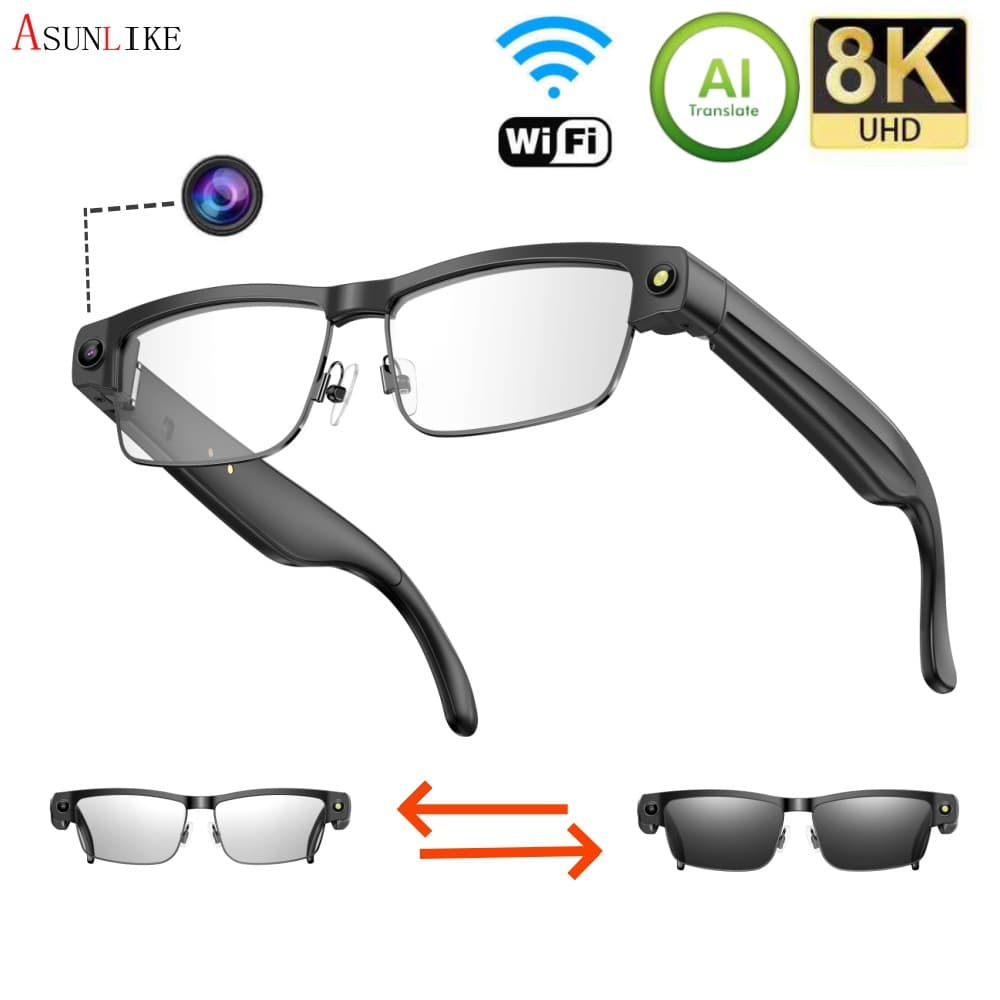 Smart Bluetooth Transition Glasses with Metal Frame, Calls, Music, 8MP Photo/Video, and Global Translation