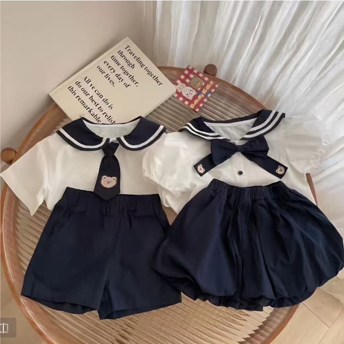 Children's summer suits new boys and girls Naval Academy short-sleeved shirts and shorts two-piece Korean style brother and sister outfits