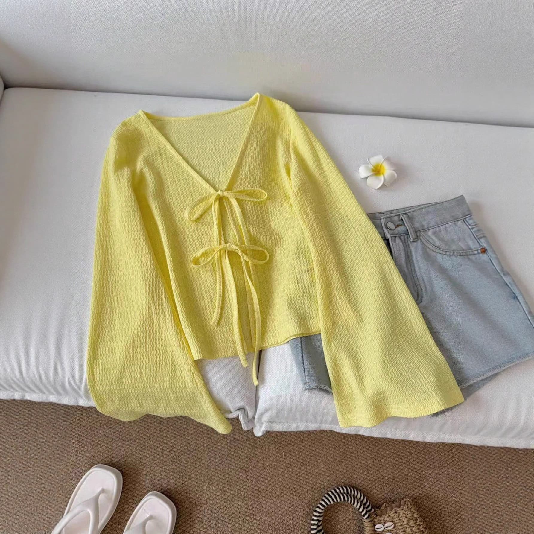 Textured Bow Chiffon Coat Spring and Summer Plus Size Women's Dress Outerwear Open-Front Cardigan Flared Sleeve Top