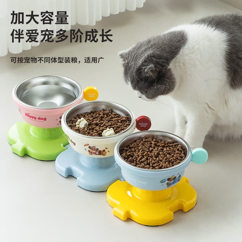Connectable stainless steel pet bowls for cats, dogs, kittens, and water; tall legs with neck support to prevent tipping.