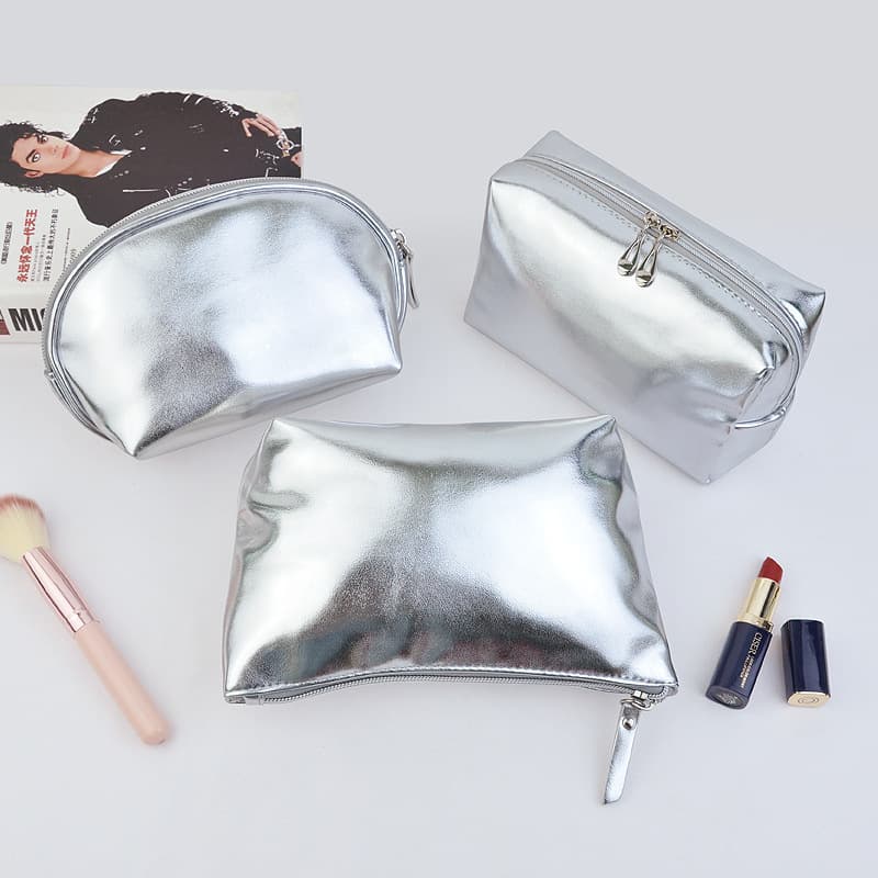 Japanese and Korean Style Bright Silver Full PU Soft Leather High-End Cosmetic Bag 3-Piece Set, Textured, Waterproof, Portable, and Storage-Friendly