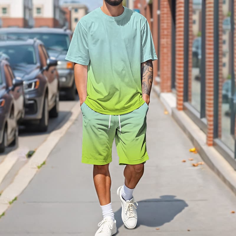 Cross-border Europe and America 2025 New Summer Men's Sportswear Set Green Gradient Print Short Sleeve and Shorts Set