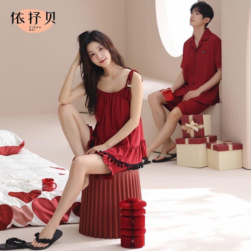 Summer Red Couple Pajamas Modal Cotton Wedding Home Wear Women Camisole Shorts Men Cardigan Plus Size Thin