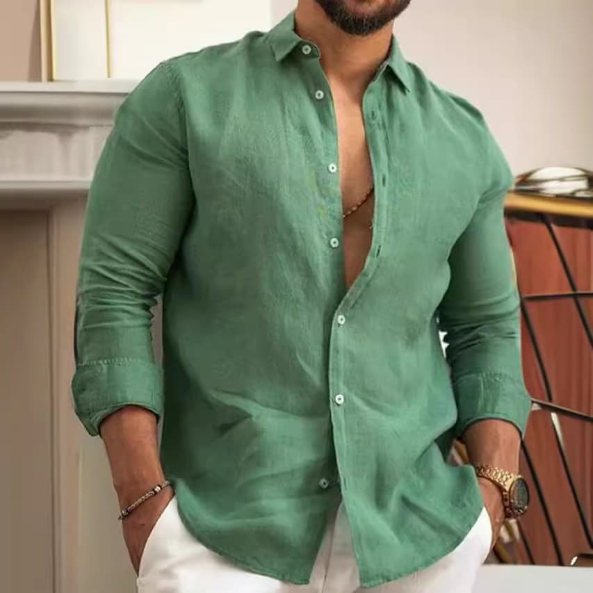 2026 Export Amazon Europe and America Cotton Linen Solid Color Men's Shirt Youth Casual