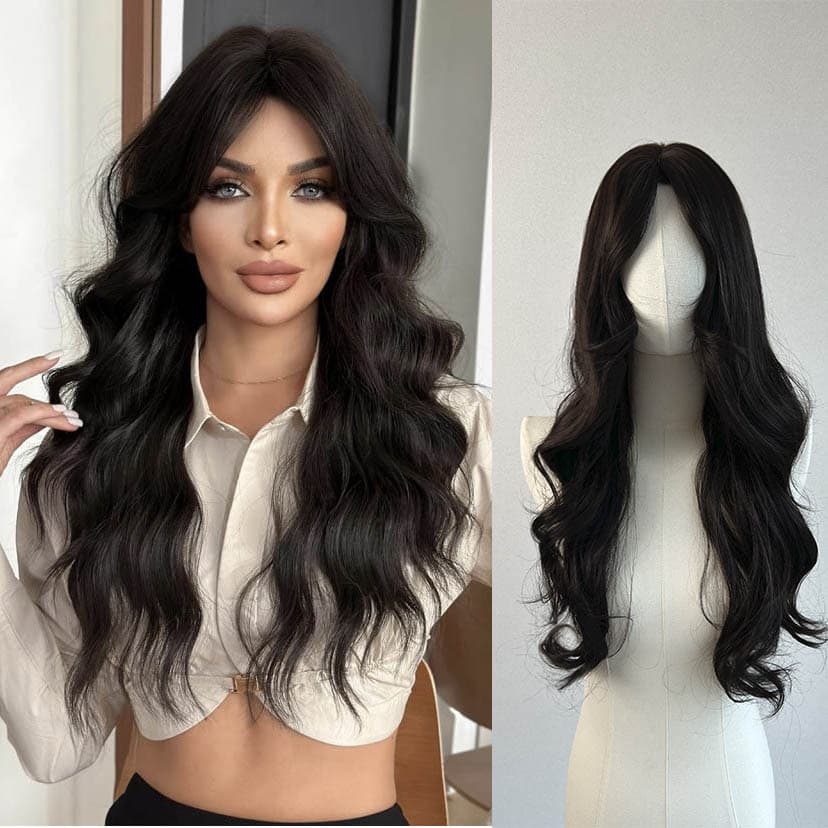 Wig for Women Long Hair Full Cap New Style Refined Middle Part Dark Brown Black Long Curly Natural Simulation Hair Full Cap