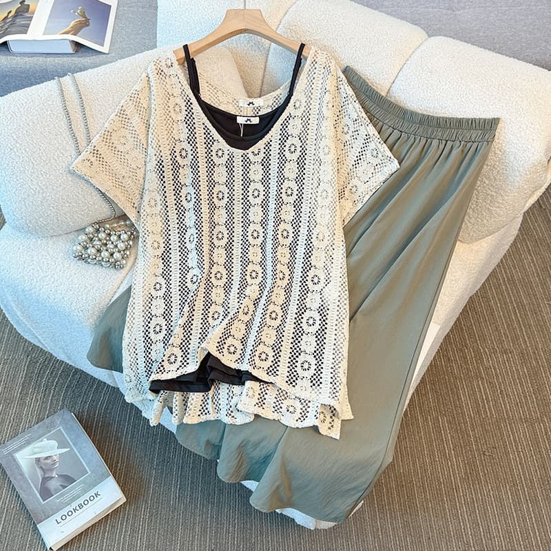 Plus-size women's clothing for 130-350 lbs, new summer style, thin hollow knitted cover-up camisole skirt three-piece set.