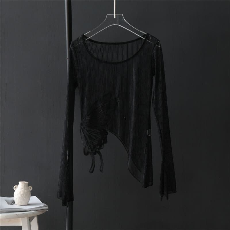 Body charm butterfly mesh top women summer 2023 new irregular ultra-thin transparent dance horn slit top