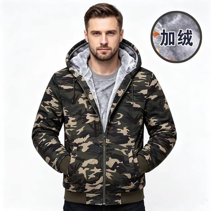 European Size Big Size Camo Patchwork Hooded Sweatshirt for Men, Autumn/Winter Sports Fleece-Lined Thick Mid-Age Coat